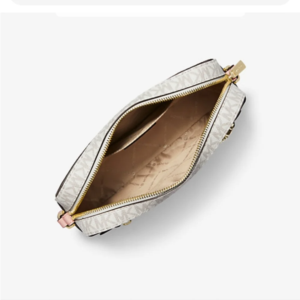 NWT Michael Kors Jet Set Large Pink White Logo Coated Canvas Crossbody Bag Purse - Picture 11 of 13